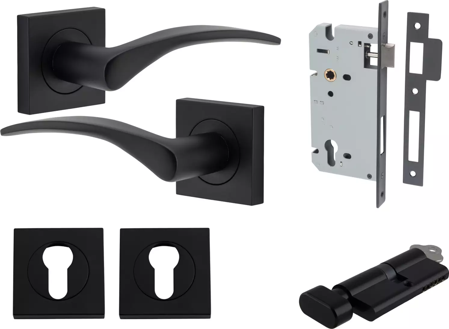 Oxford Lever - Square Rose Entrance Set - Key / Turn - MB