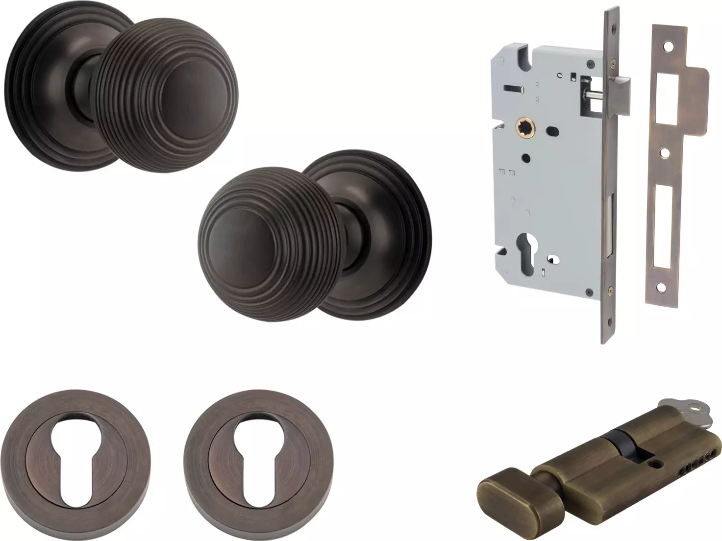 Guildford Knob - Round Rose Entrance Set - Key / Turn - SB