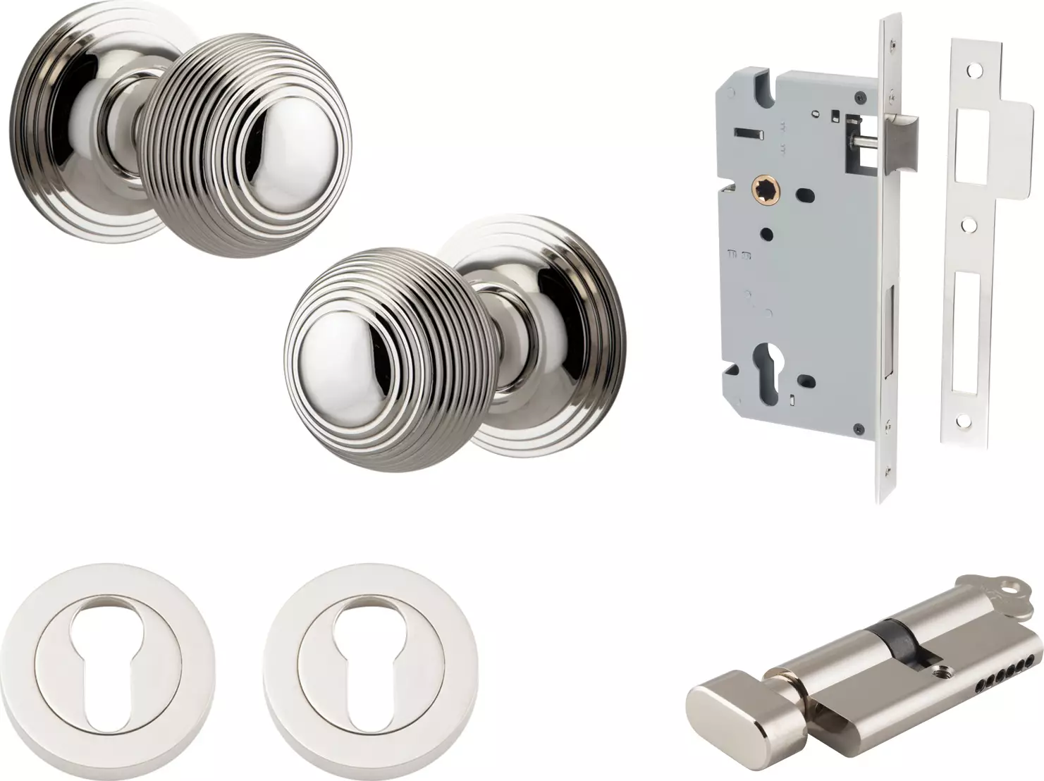 Guildford Knob - Round Rose Entrance Set - Key / Turn - PN