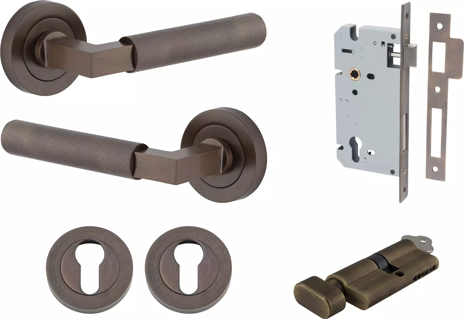 Brunswick Lever - Round Rose Entrance Set - Key / Turn - SB