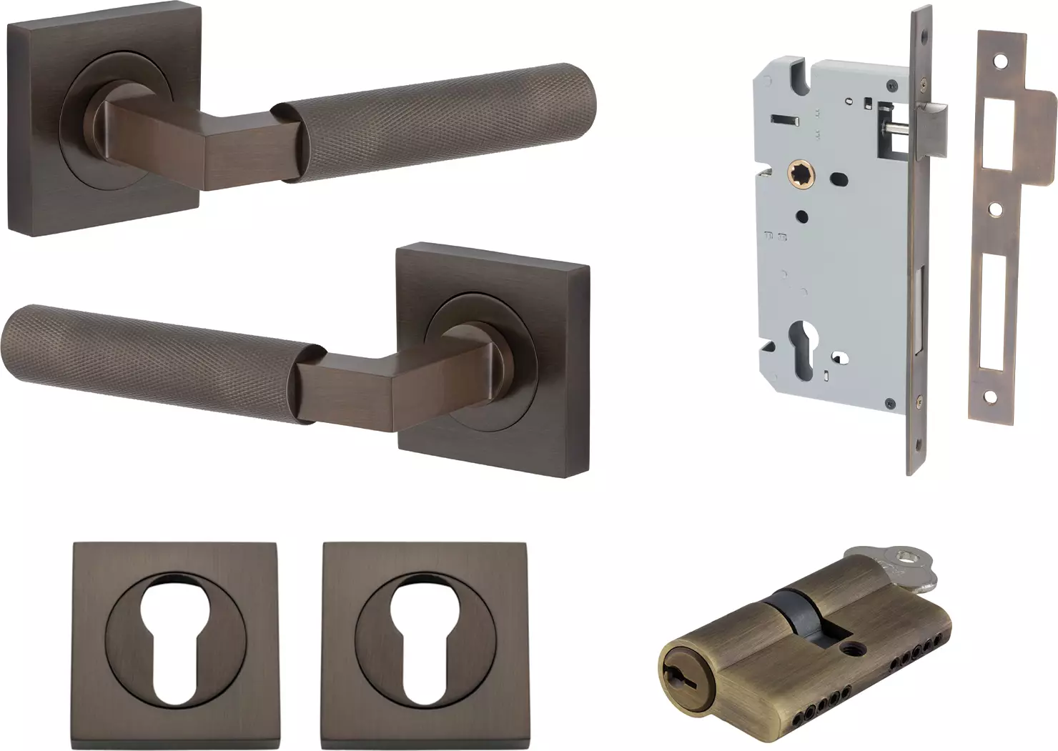 Brunswick Lever - Square Rose Entrance Set - Key / Key - SB