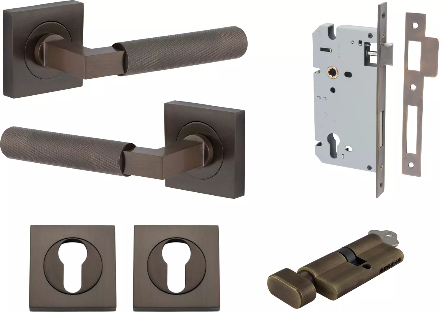 Brunswick Lever - Square Rose Entrance Set - Key / Turn - SB