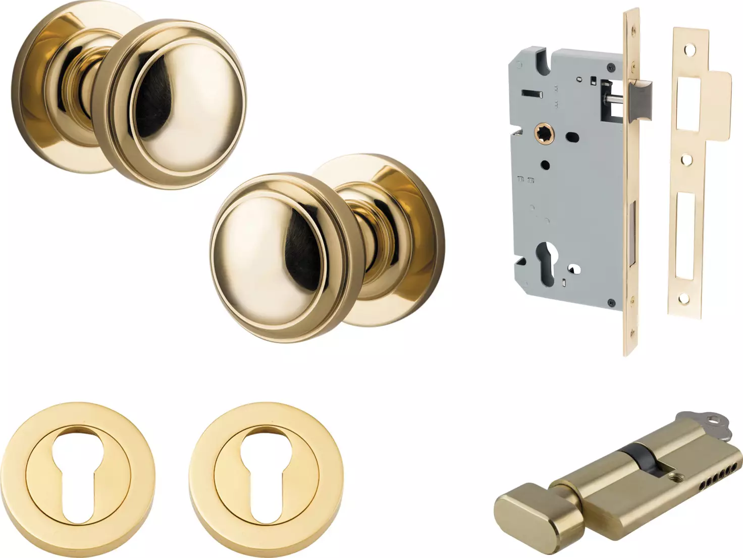 Paddington Knob - Round Rose Entrance Set - Key / Turn - PB