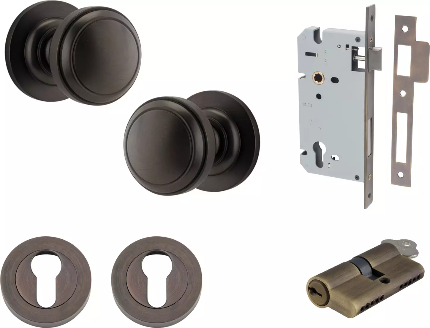 Paddington Knob - Round Rose Entrance Set - Key / Key - SB