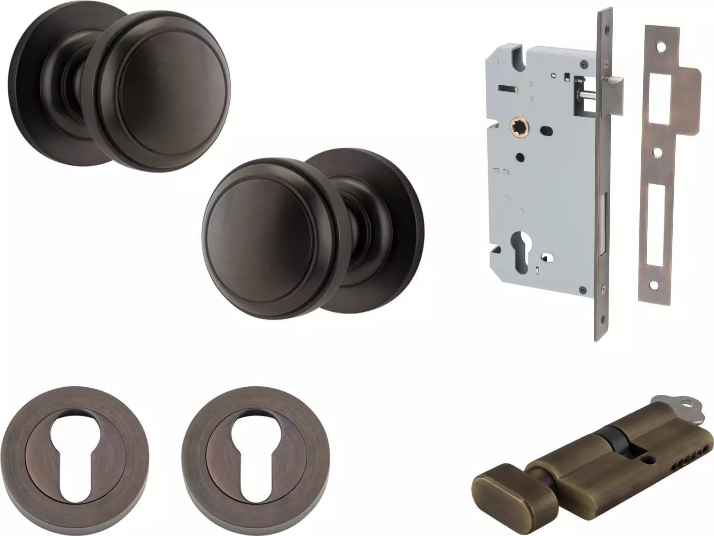 Paddington Knob - Round Rose Entrance Set - Key / Turn - SB