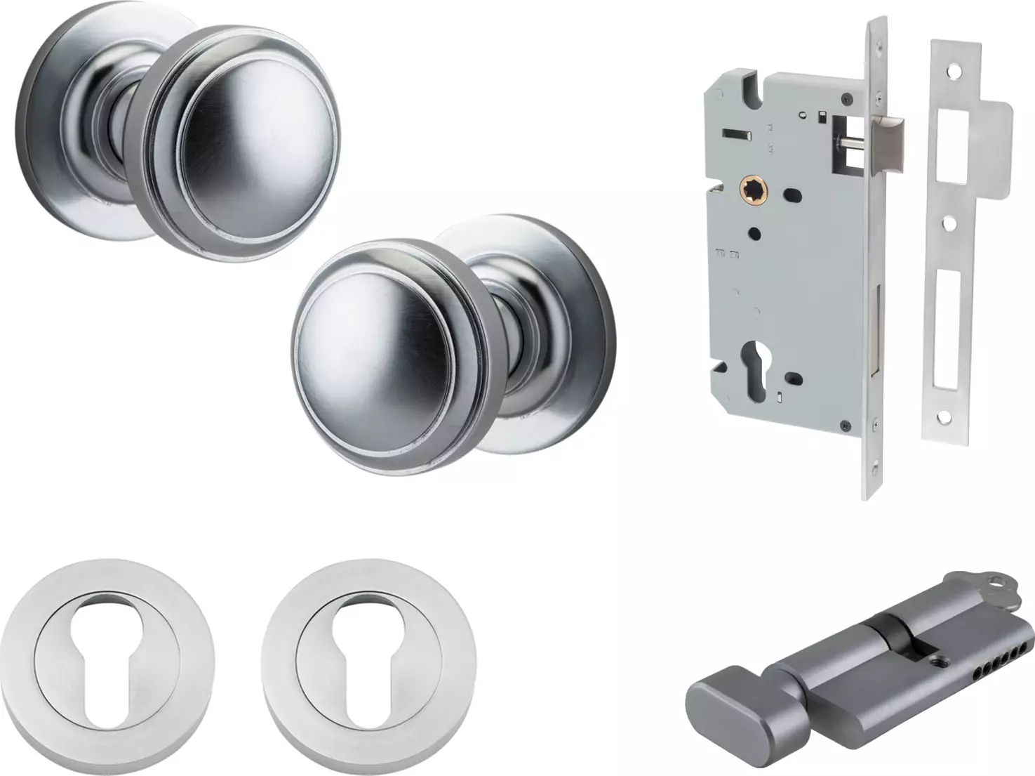 Paddington Knob - Round Rose Entrance Set - Key / Turn - SC