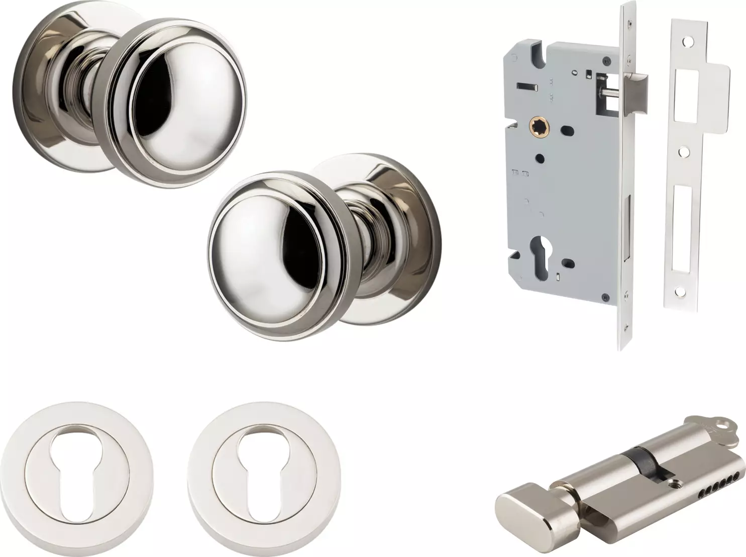 Paddington Knob - Round Rose Entrance Set - Key / Turn - PN