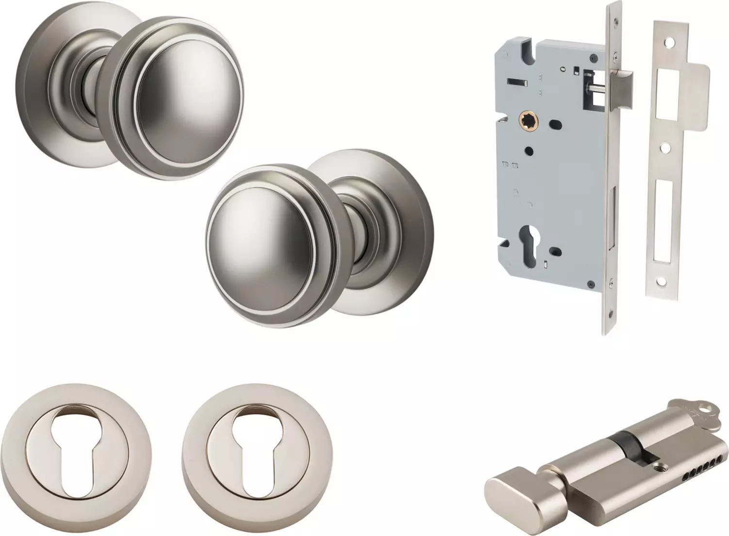 Paddington Knob - Round Rose Entrance Set - Key / Turn - SN