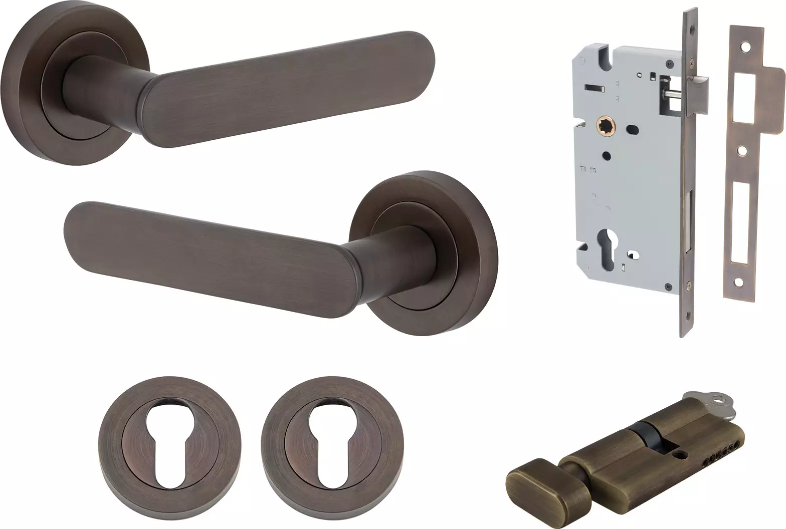 Bronte Lever - Round Rose Entrance Set - Key / Turn - SB