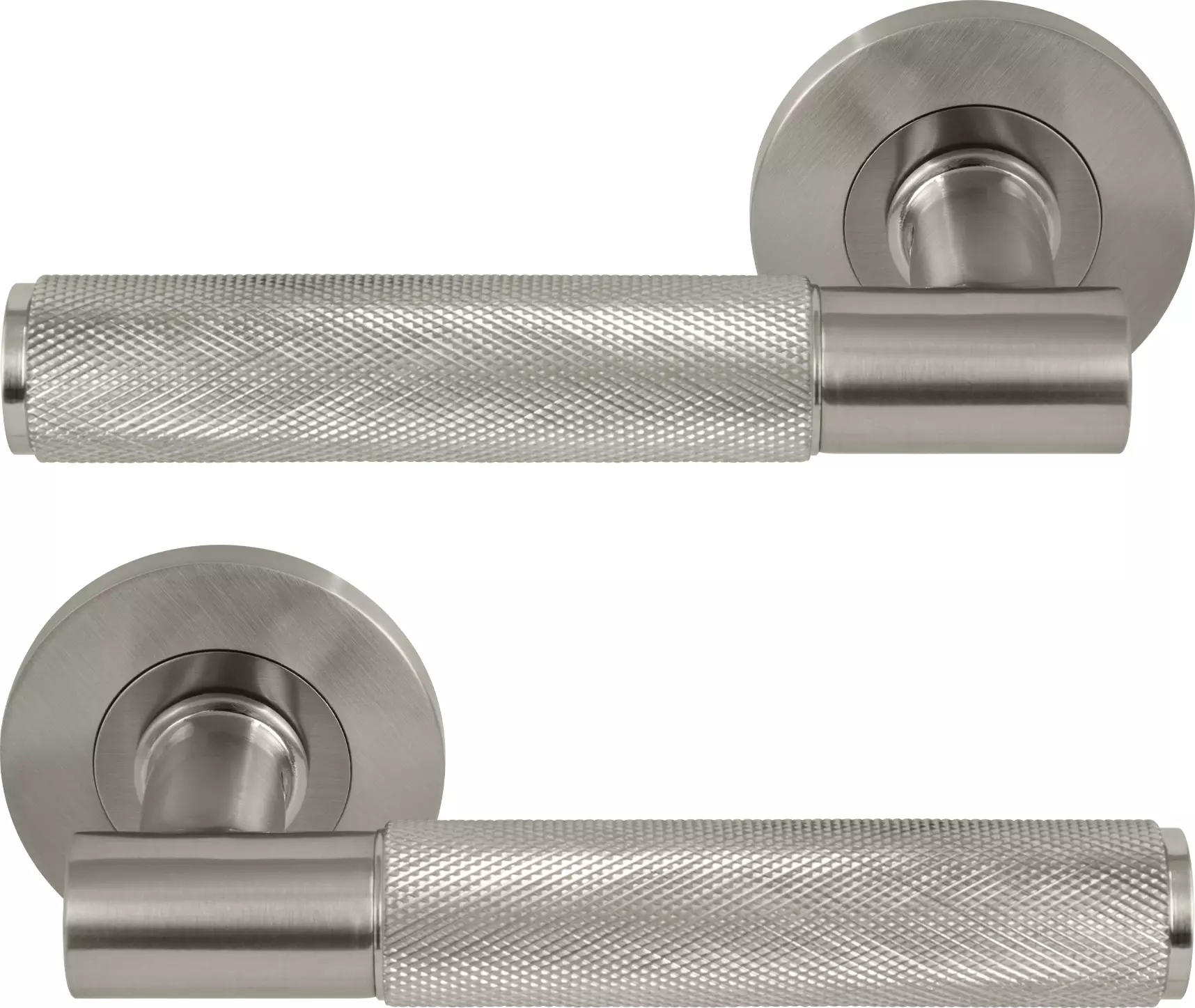 Verge Round Rose Lever Handles - Diamond Knurl - BN