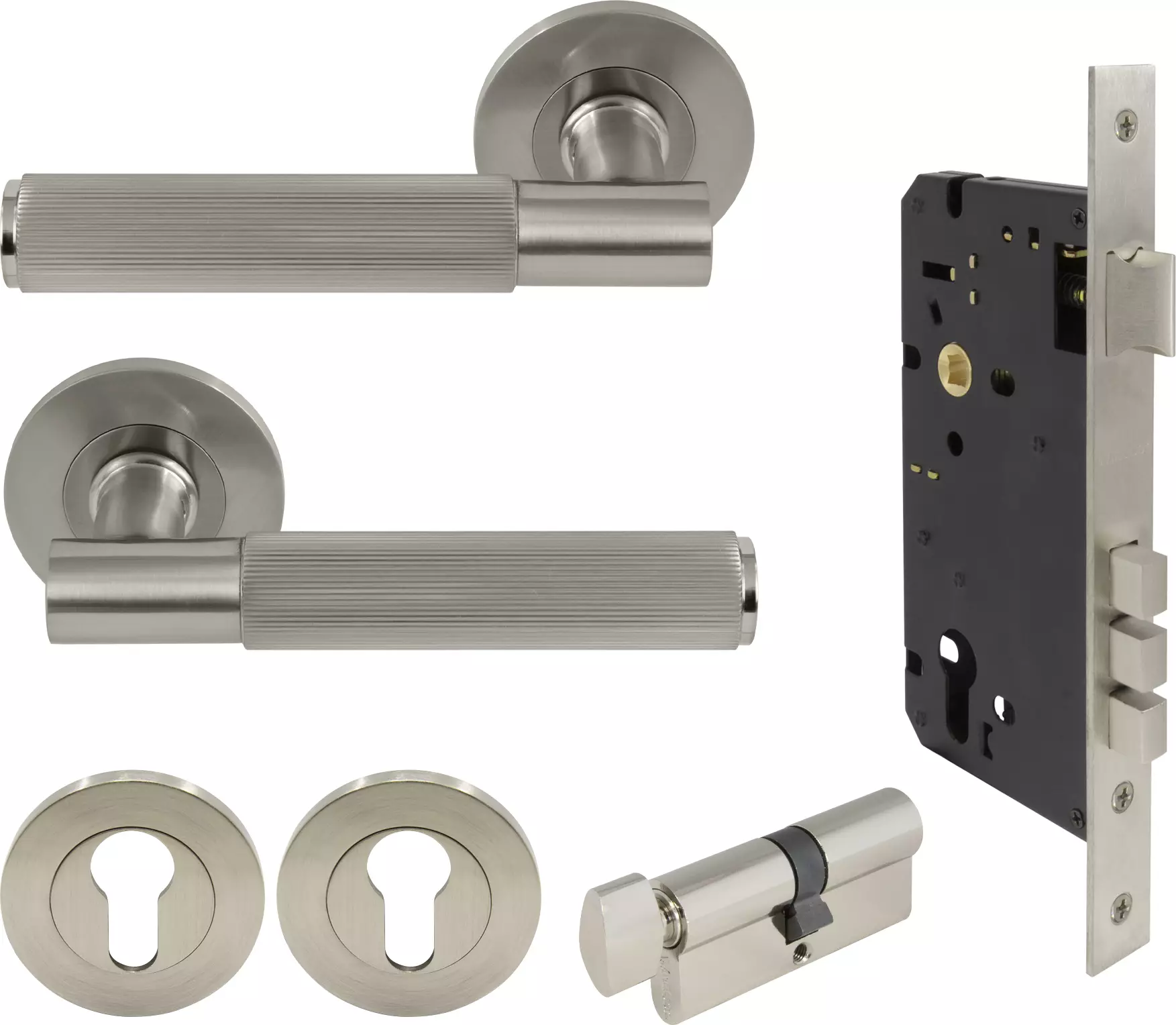 Verge Round Rose Entrance Set - K/T - Linear Knurl - BN